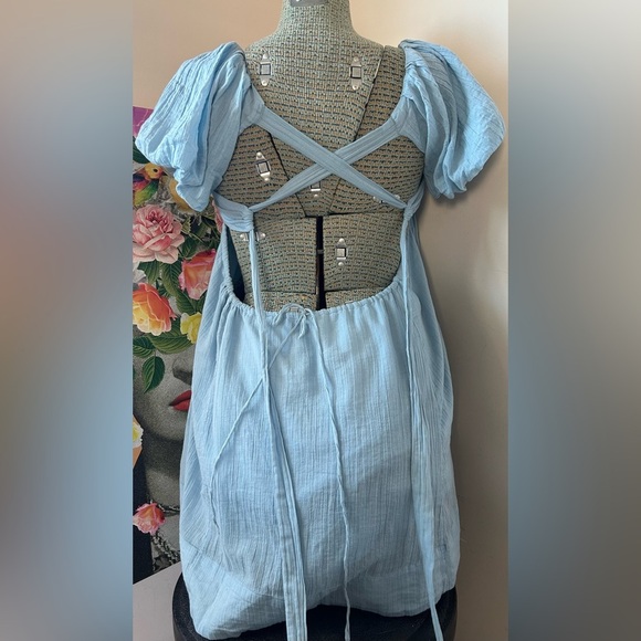 FREE PEOPLE MARINA MINI DRESS BLUE BELL, SQUARE NECKLINE, CRISSCROSS BACK TIE XS - Picture 6 of 16
